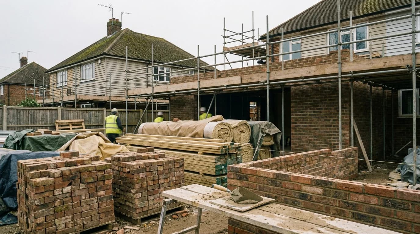 A well-run renovation site with organised materials and brickwork in progress