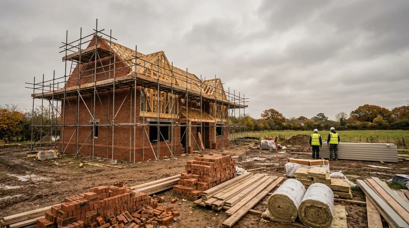 A new build house under construction during autumn with clear skies
