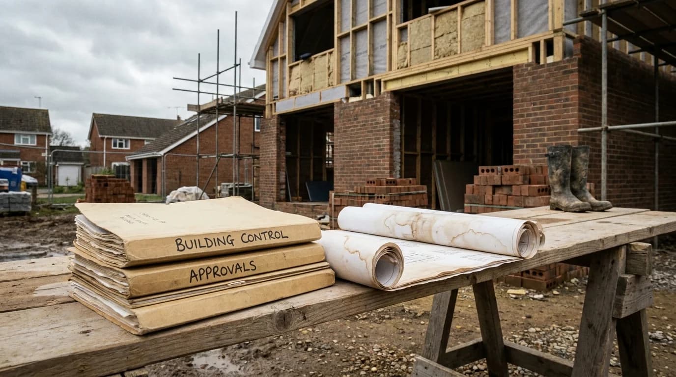 Building control approval documents next to construction drawings