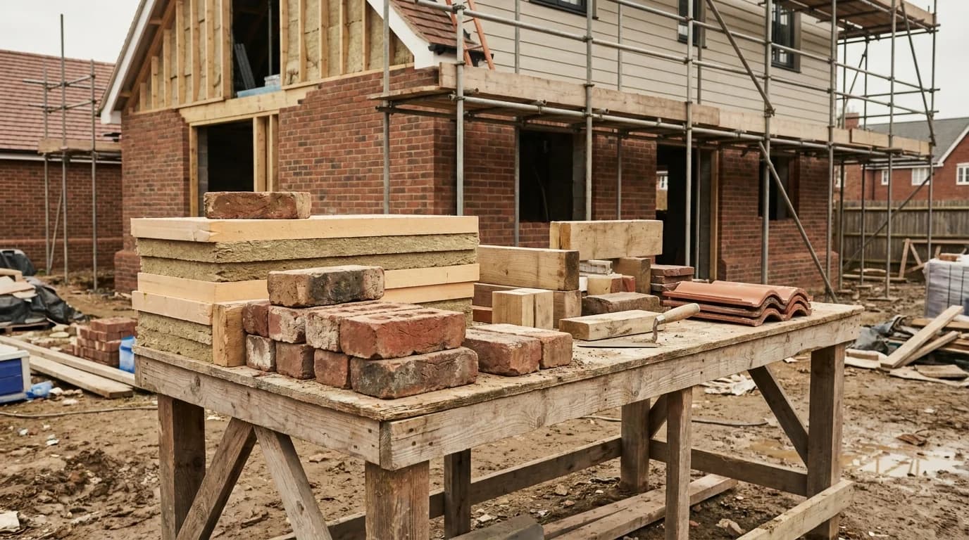 Samples of bricks, insulation, timber and roofing materials on a workbench