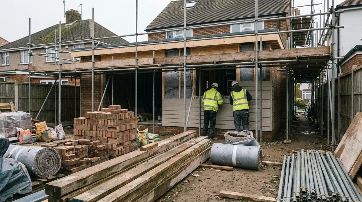 A modern single-storey rear extension under construction with scaffolding