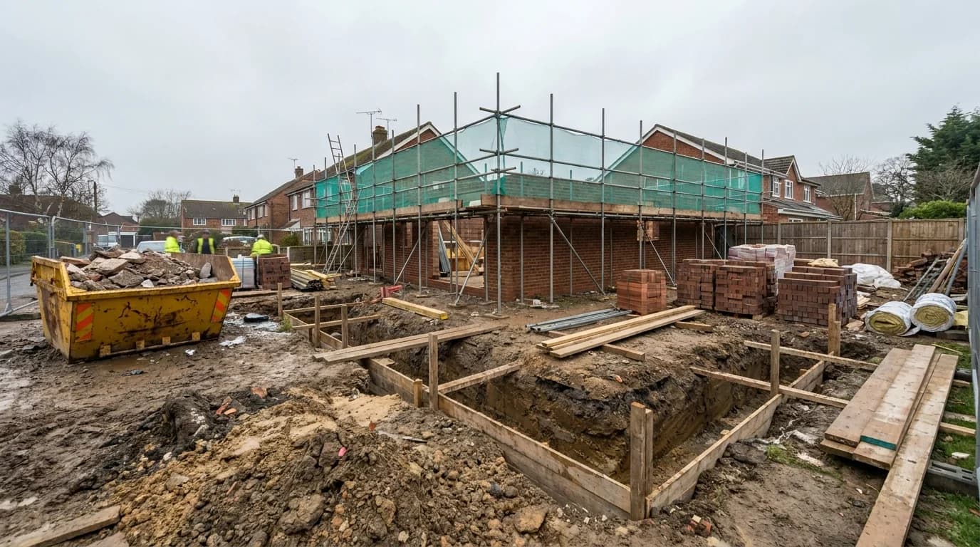 Extension foundation excavation with skip and scaffolding nearby