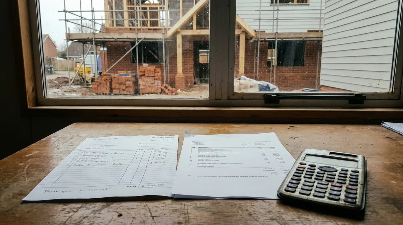 Two builder quotes laid out on a desk with a calculator