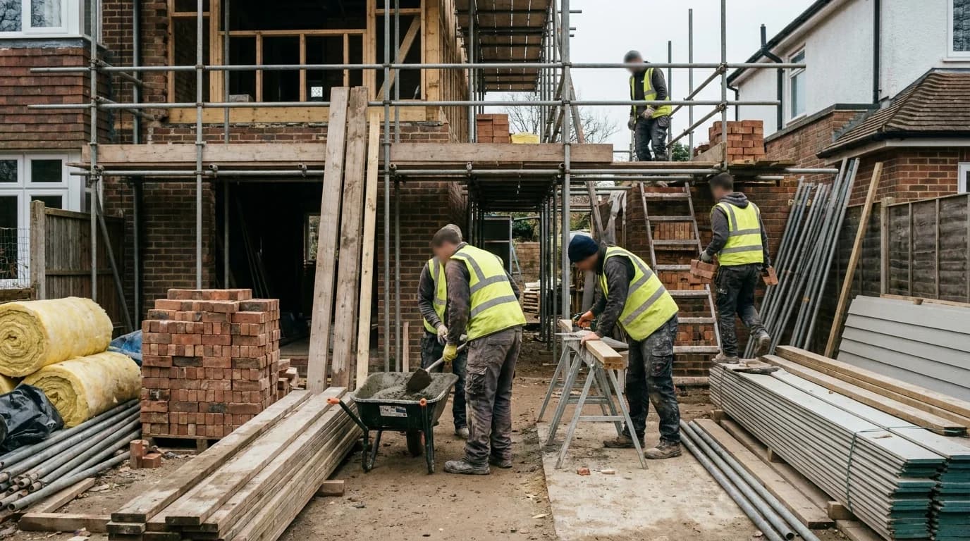Builders working on a well-organised residential renovation site