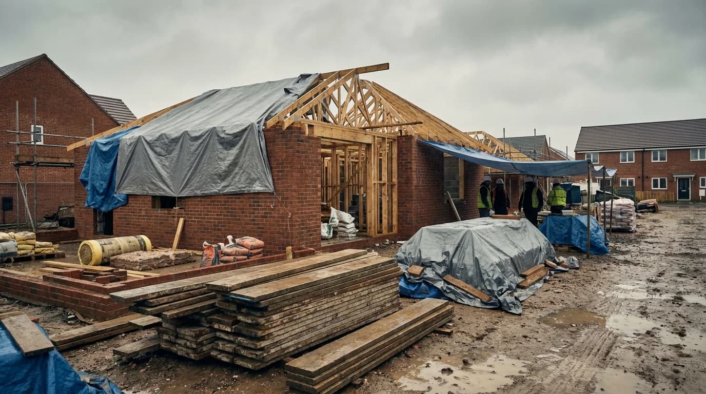 A residential building site paused during wet weather with protective sheeting