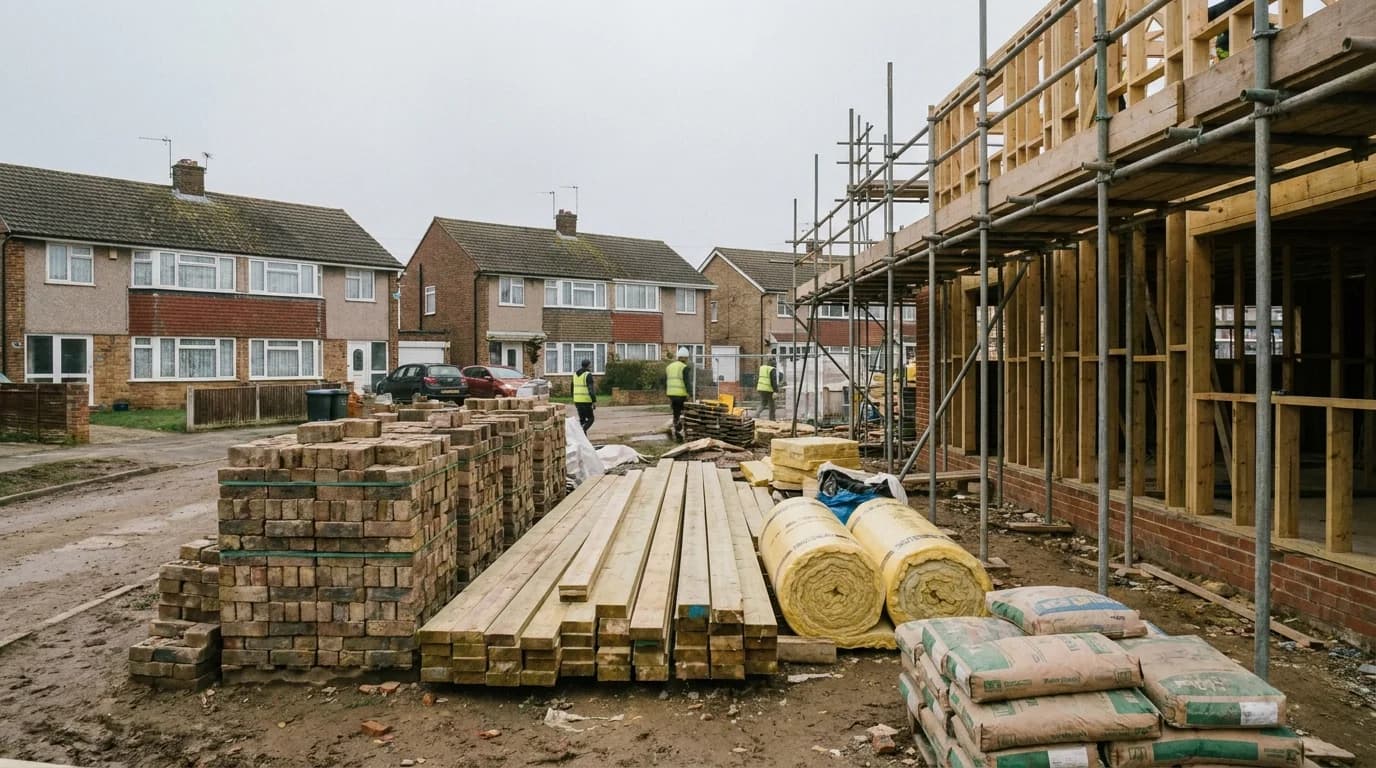 Building materials stacked on a residential extension site