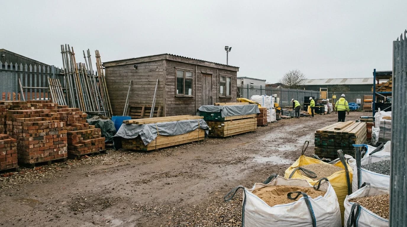 A local builders merchant yard with timber, bricks and bagged aggregates in stock