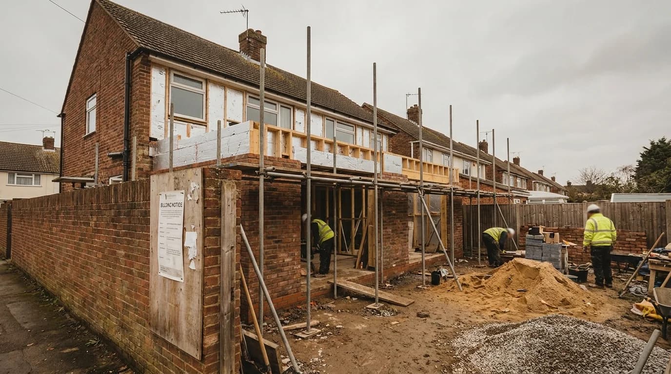 A terraced house extension with a shared boundary wall and building notice attached
