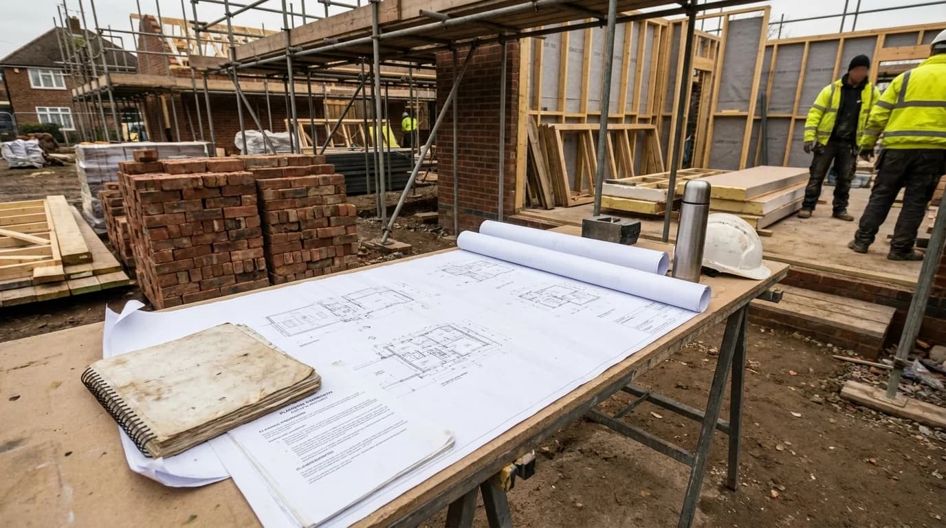House extension plans and planning documents on a table