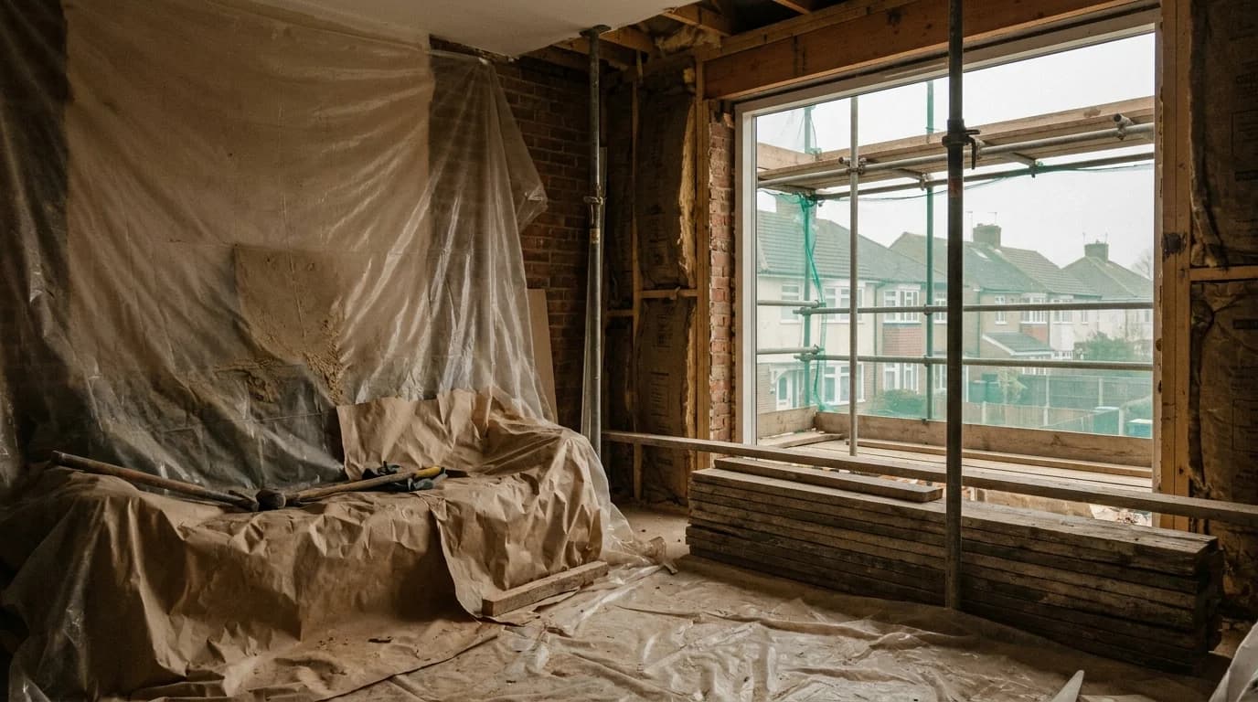 A family room cleared and sheeted before builders arrive