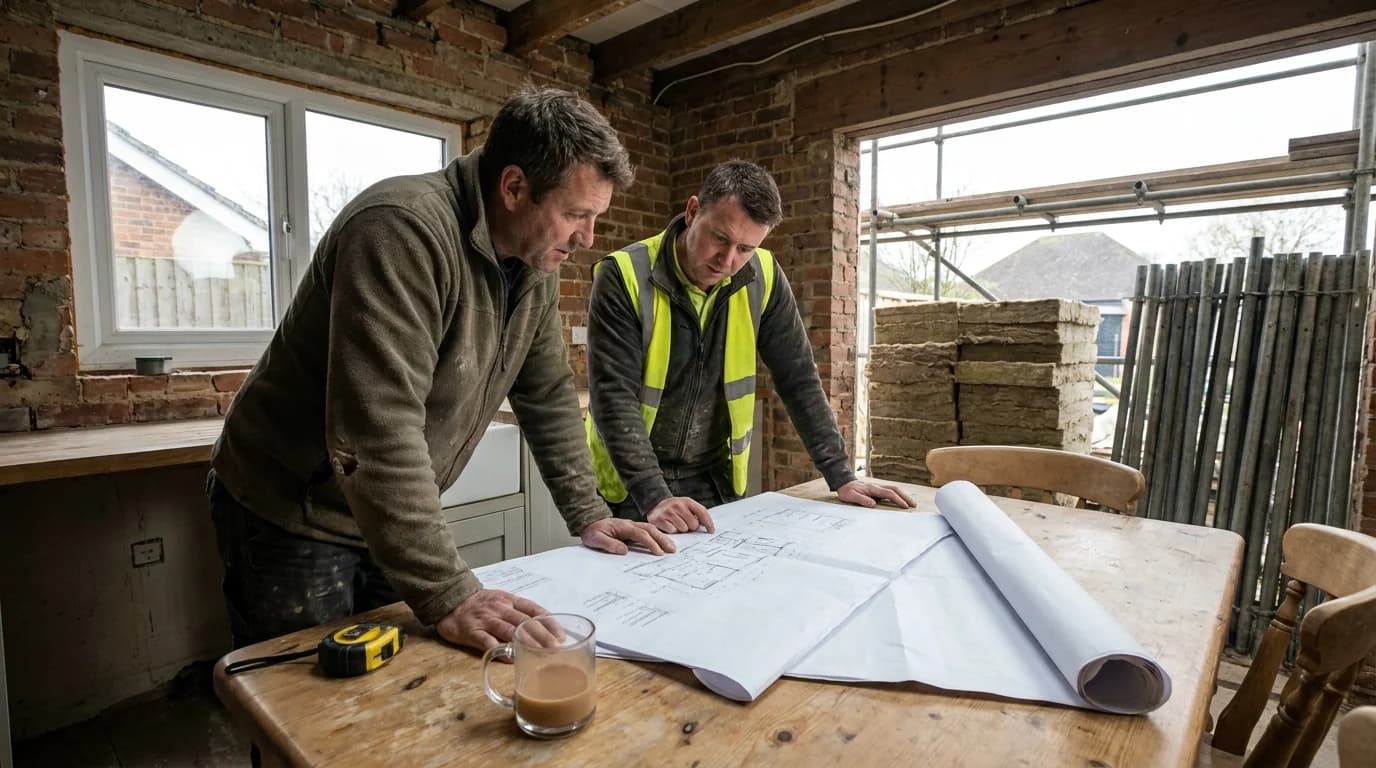 A homeowner and builder discussing plans at a kitchen table
