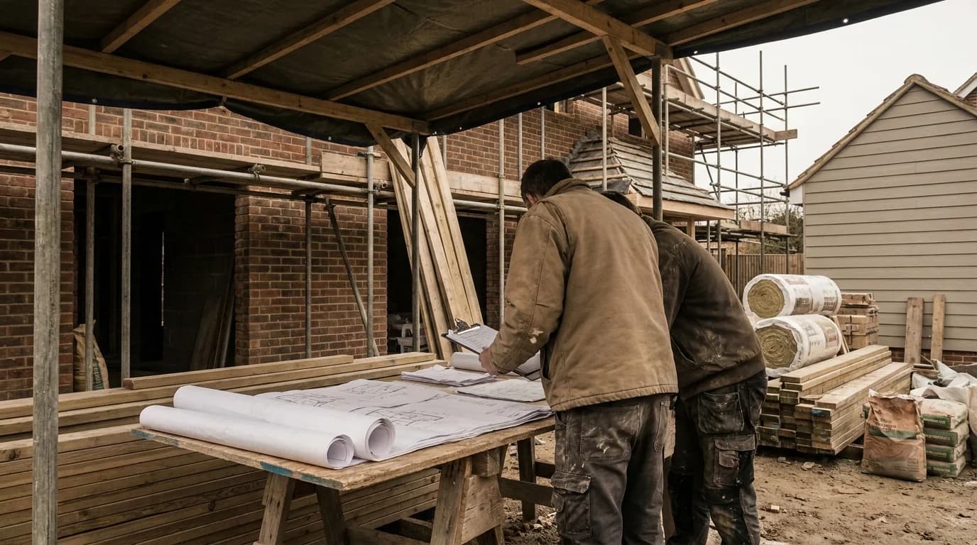 Two people reviewing a building contract and technical drawings at a kitchen table