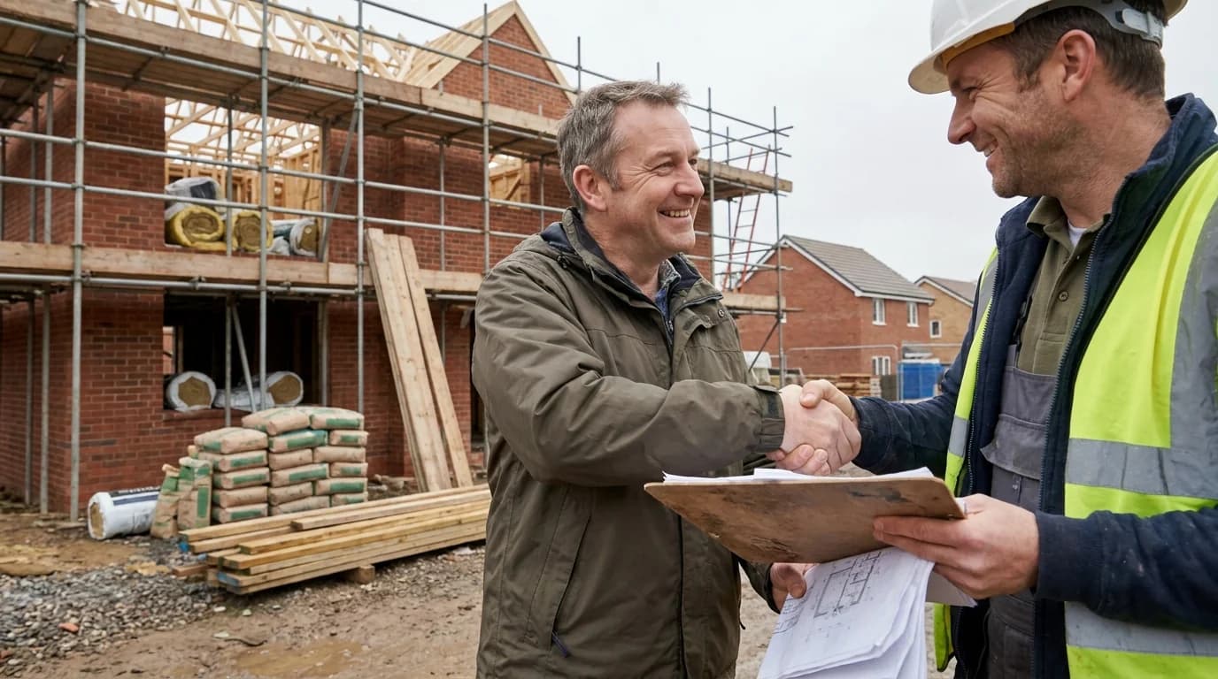 Homeowner and builder shaking hands after agreeing a payment schedule