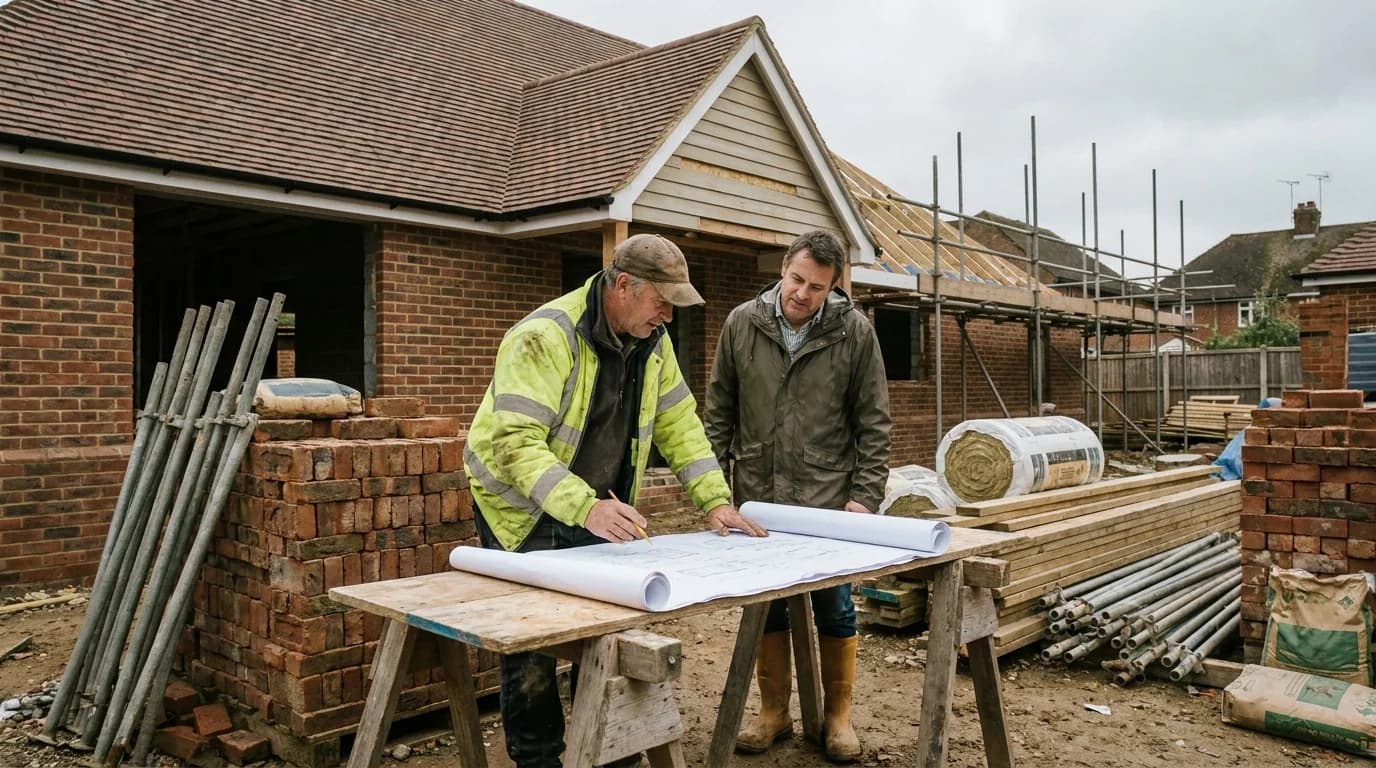 Builder reviewing project plans with a homeowner