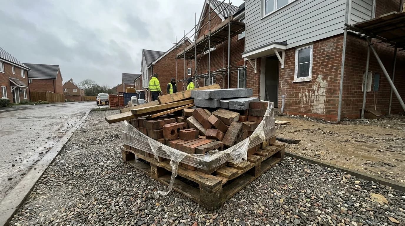 A damaged pallet of building materials left on a driveway by an online delivery