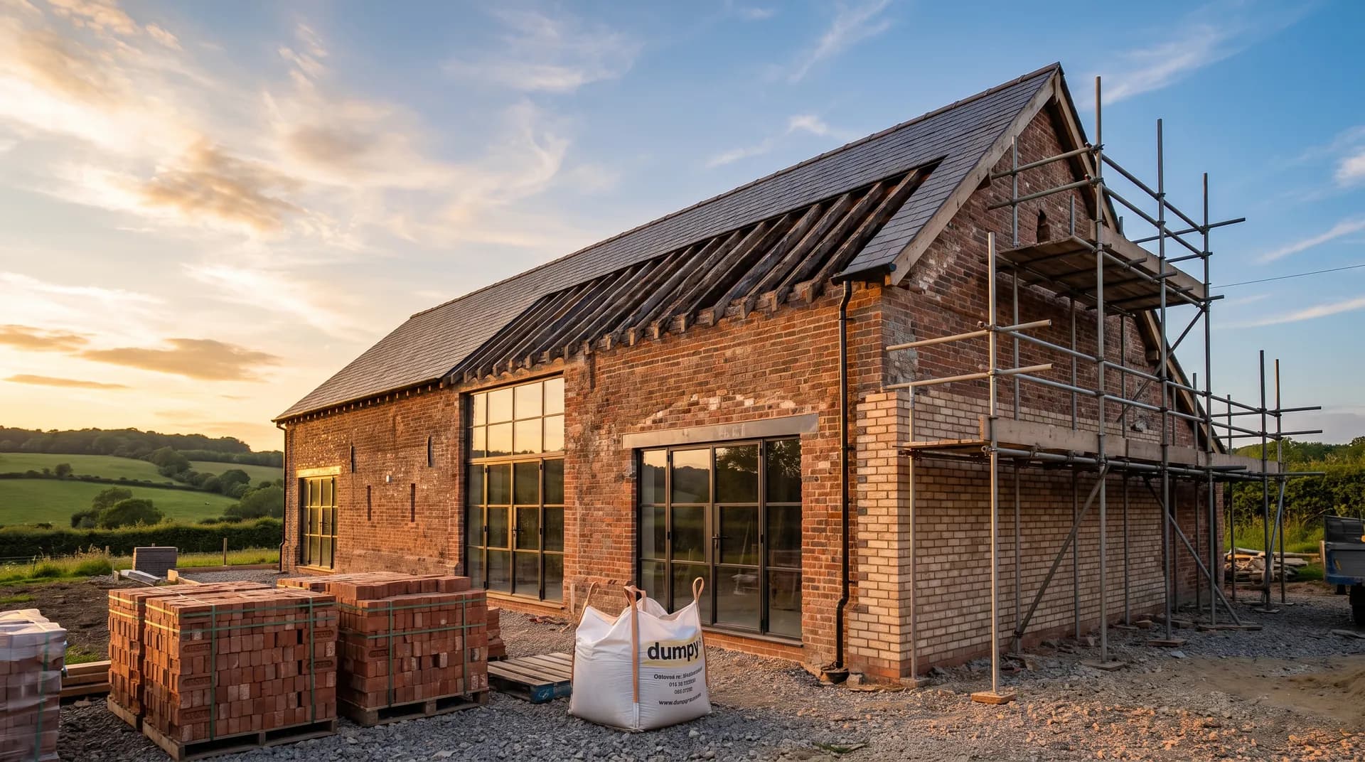 Family barn conversion under construction in High Wycombe showing fresh brickwork and stacked cement bags on site
