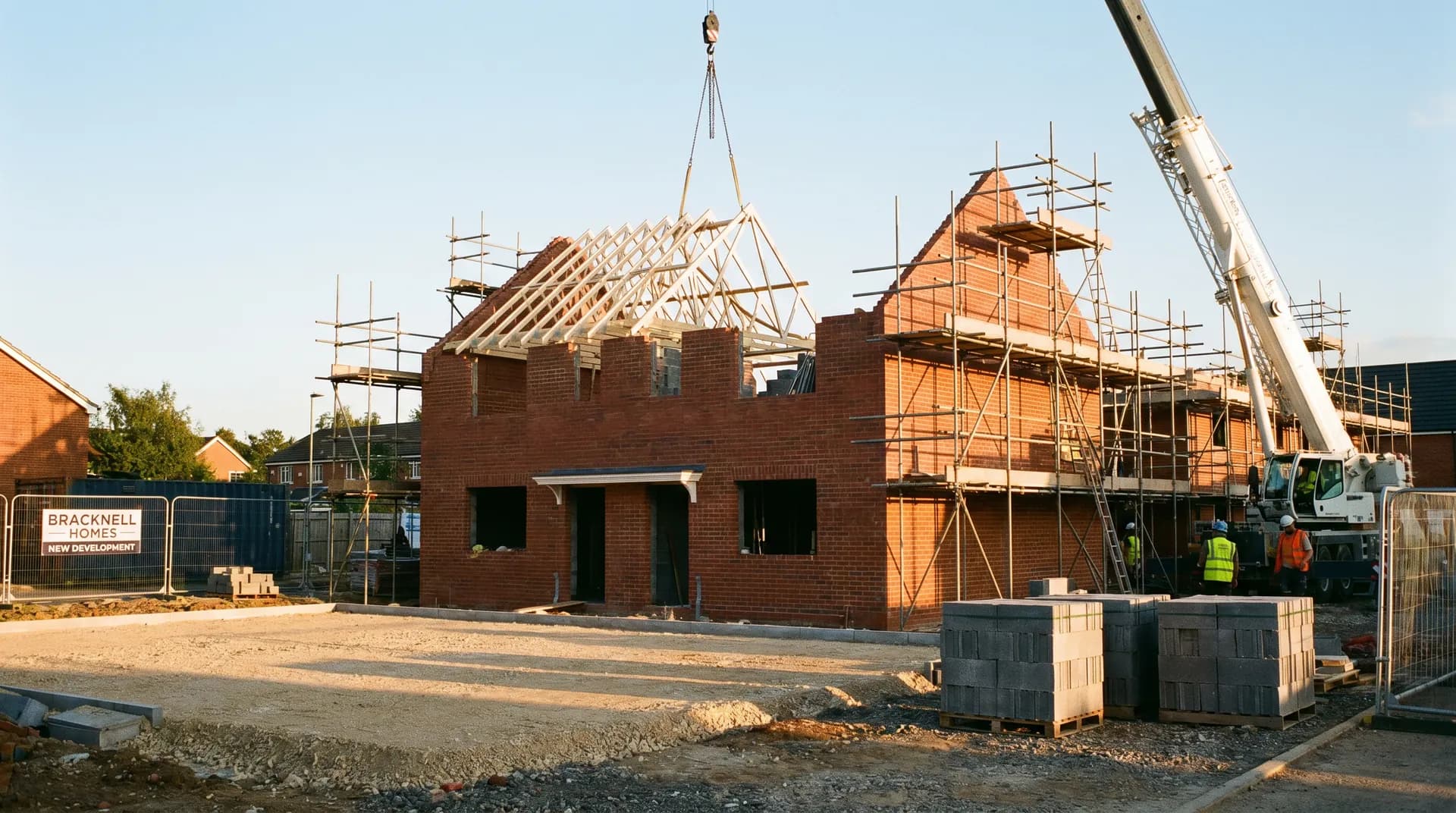 Self-build 4-bed detached house under construction in Bracknell with brickwork to first floor and roof trusses in place