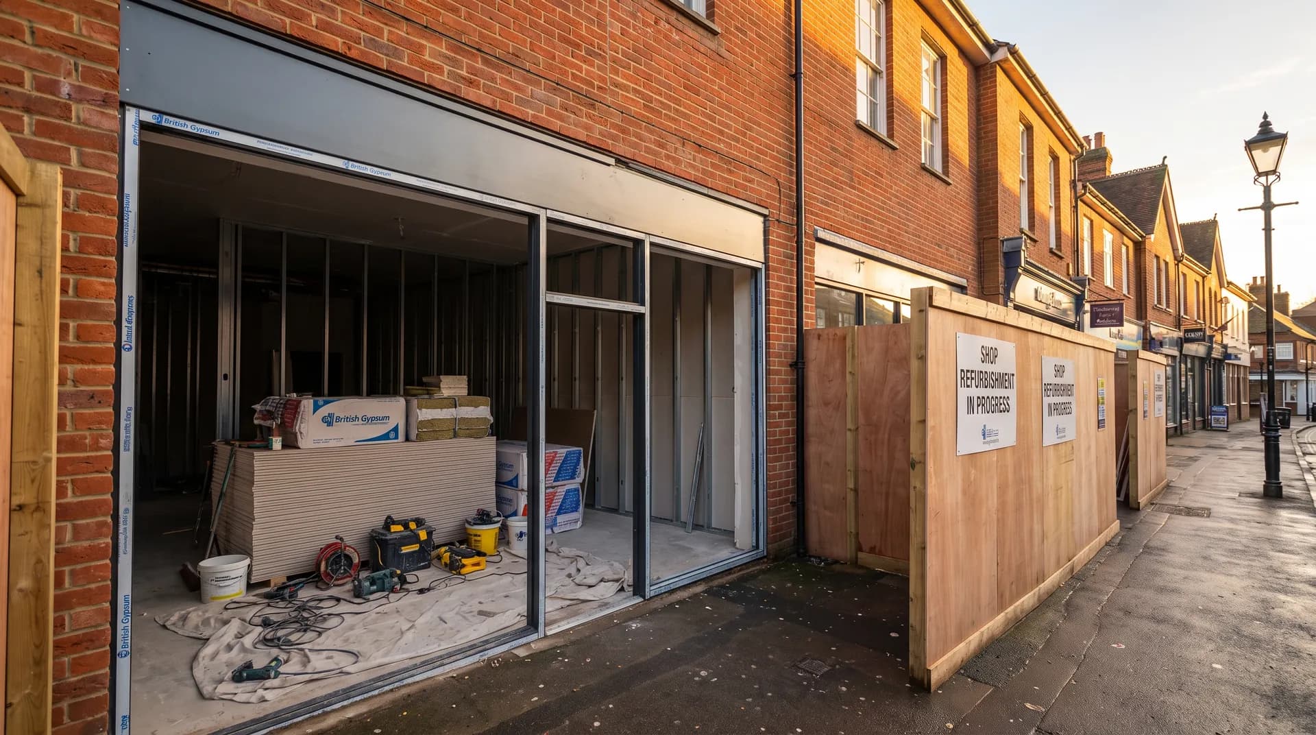 Retail unit fit-out under construction in Wokingham showing fresh brickwork and stacked cement bags on site