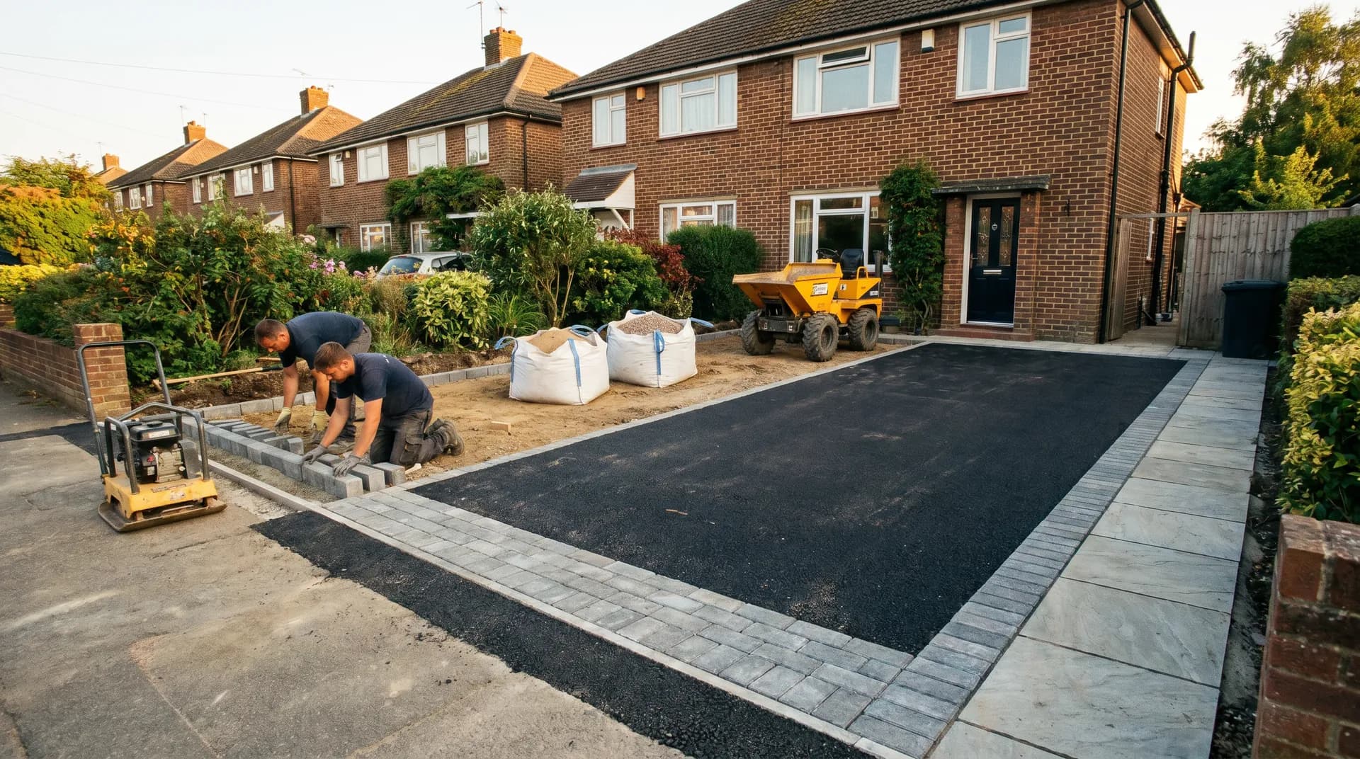 Tarmac driveway rebuild in Guildford showing compacted sub-base and new edging kerbs