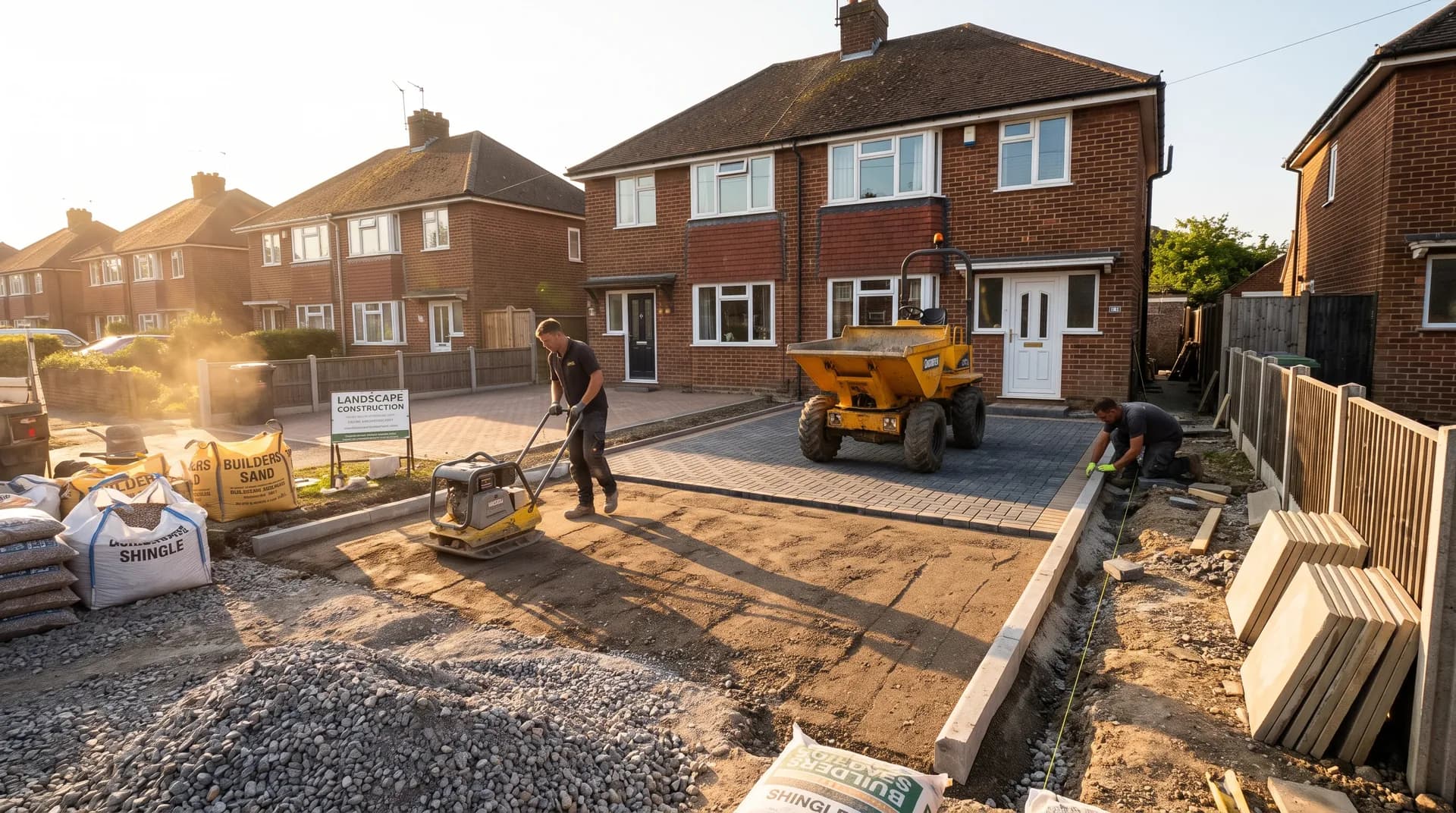 Block-paved driveway under construction in Guildford showing fresh brickwork and stacked cement bags on site
