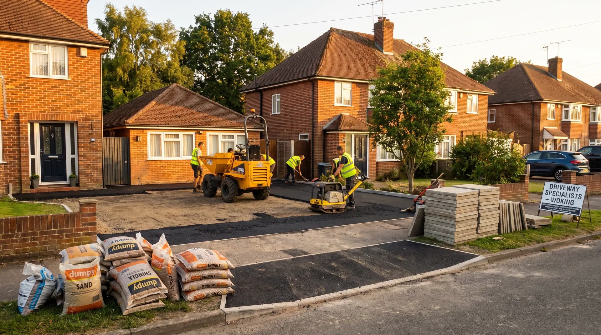 Newly laid tarmac driveway with block-paved edgings in Woking