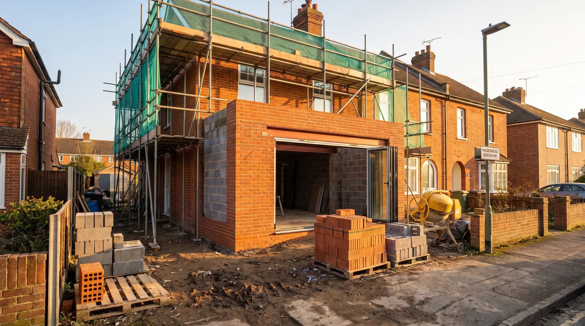 Front porch extension under construction in Maidenhead showing matching brickwork and new front door