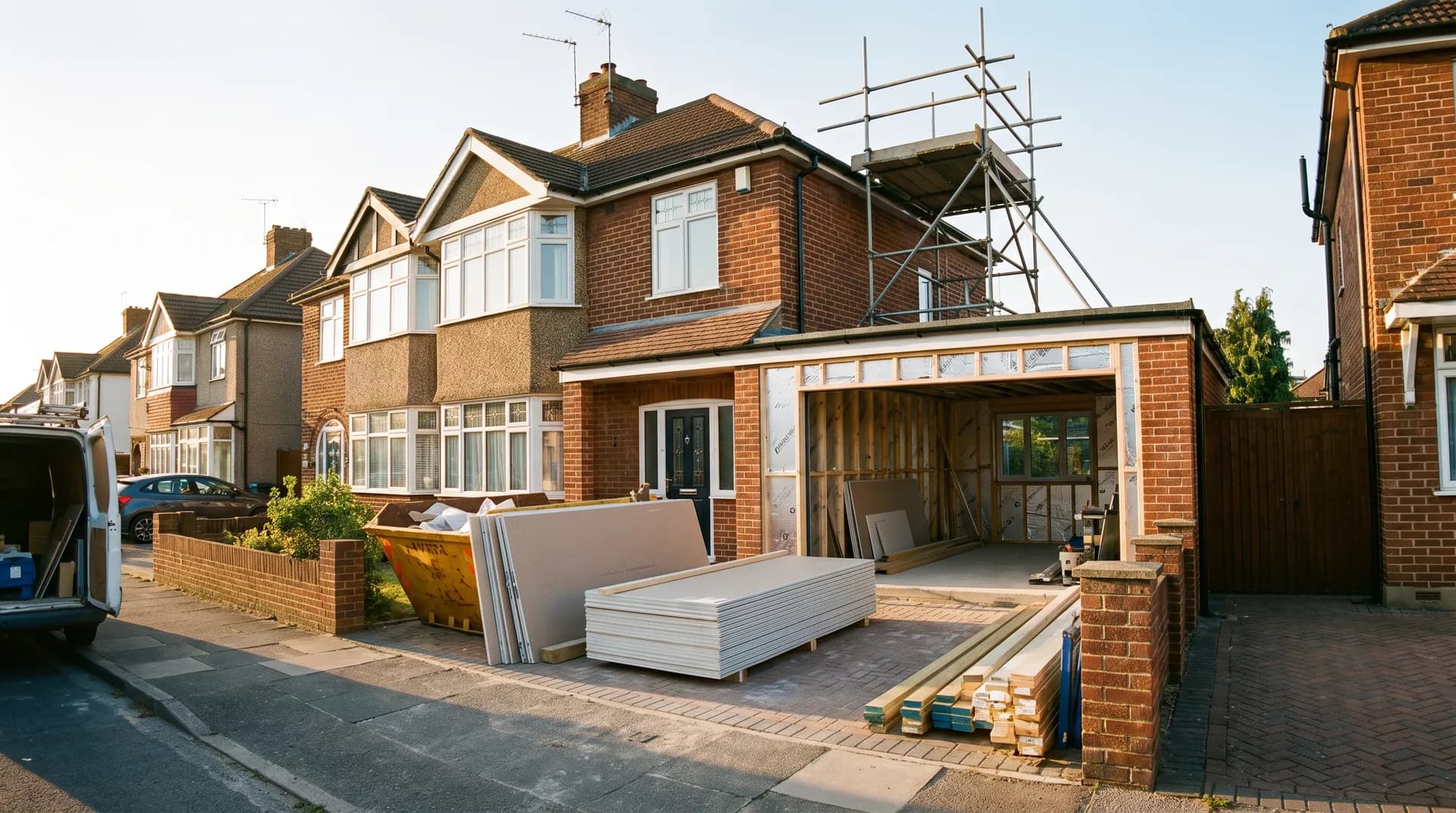 Garage conversion to bedroom annex under construction in Uxbridge showing fresh brickwork and stacked cement bags on site
