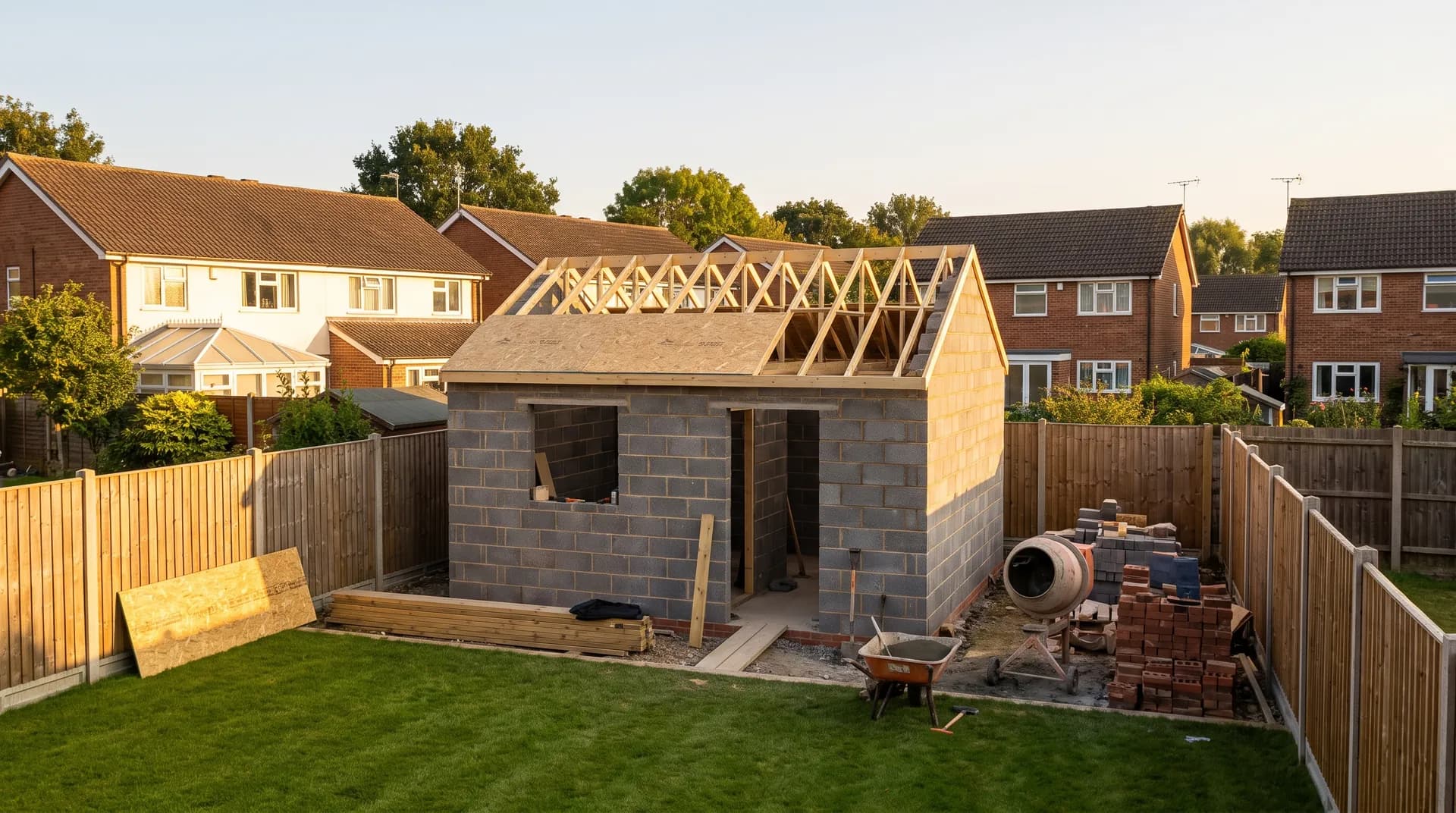 Garden outbuilding with WC under construction in Bracknell showing fresh brickwork and stacked cement bags on site