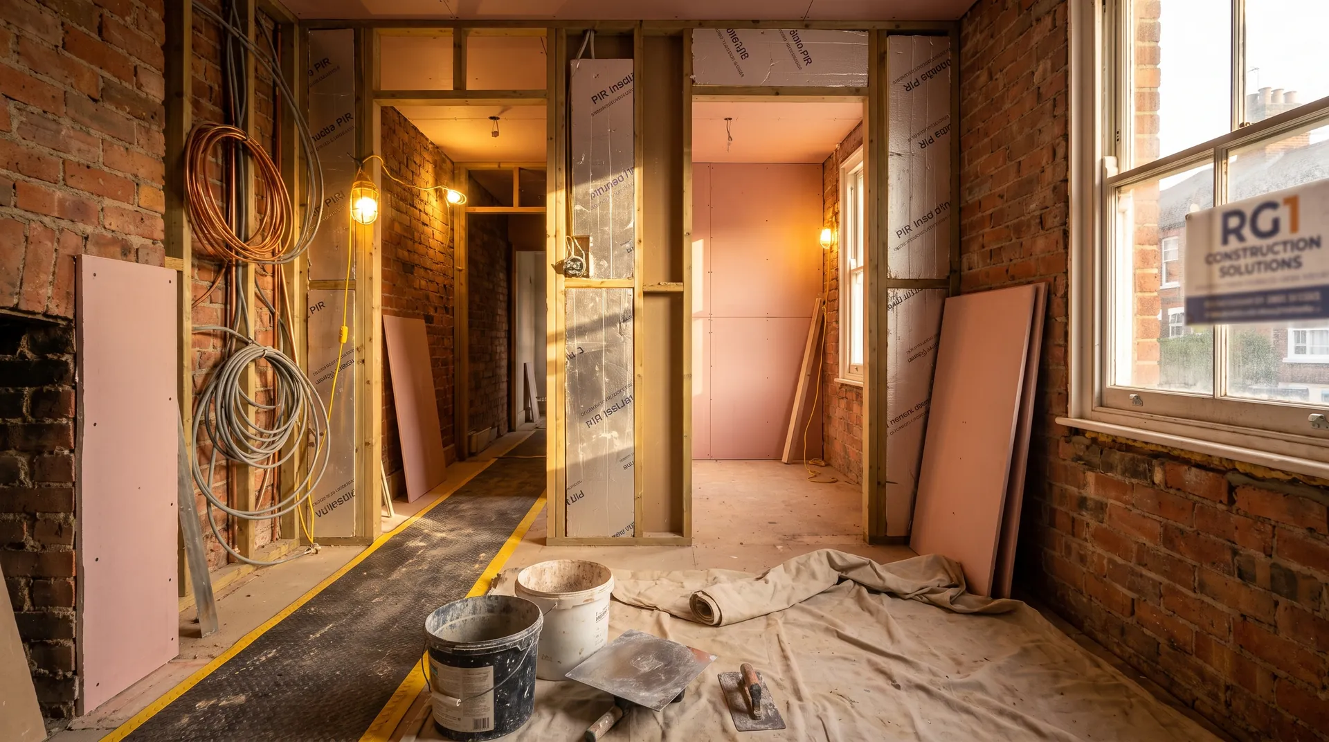 Full house refurbishment in Reading showing newly plastered walls and restored period fireplace