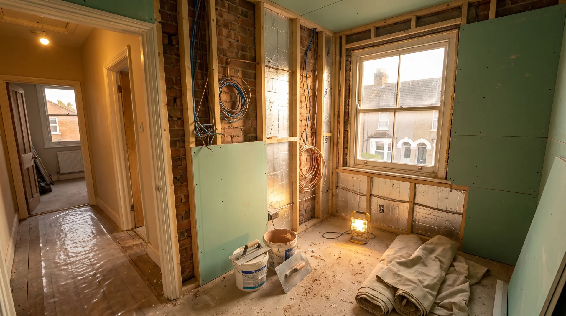 Bathroom refurbishment in Woking showing new stud partitions and fresh plasterboard