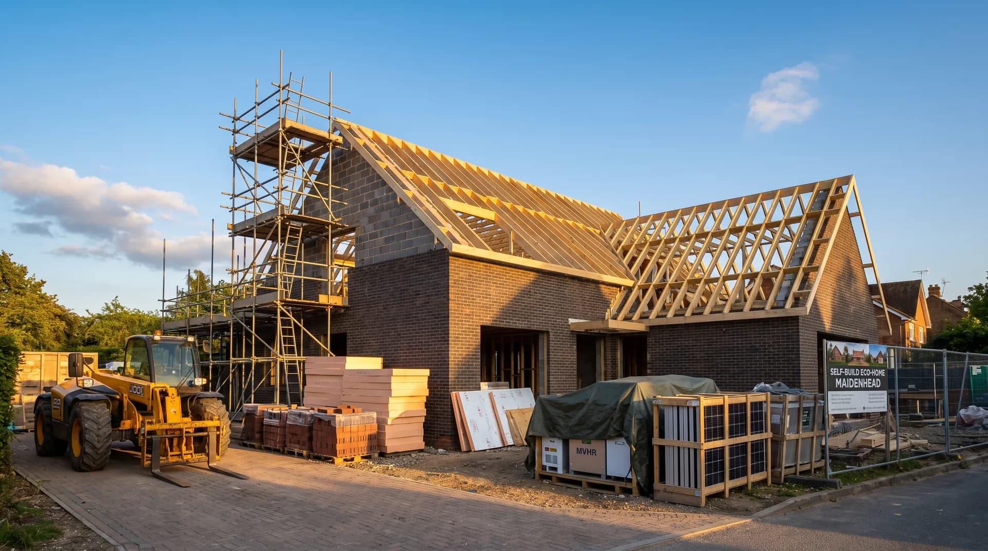 Self-build eco-home under construction in Maidenhead showing brickwork and large glazed gable