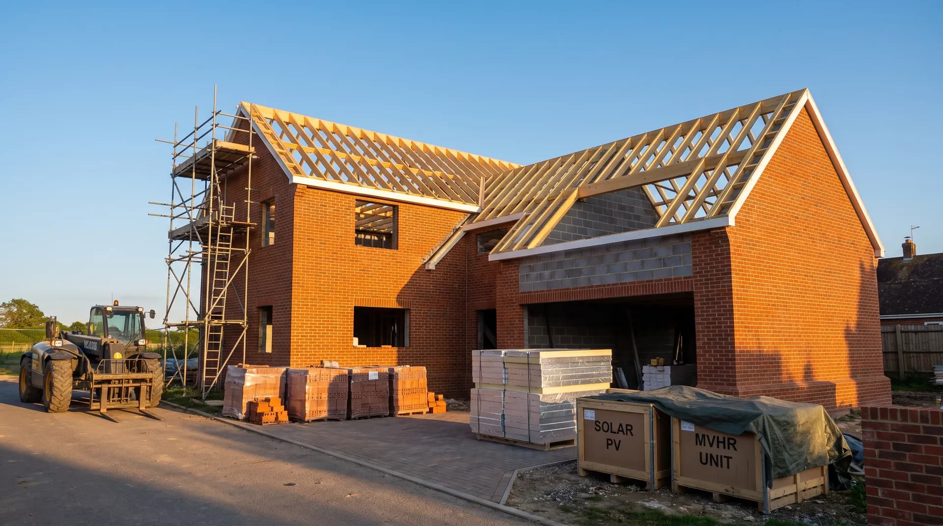 Self-build eco-home under construction in Newbury showing timber frame and brick cladding