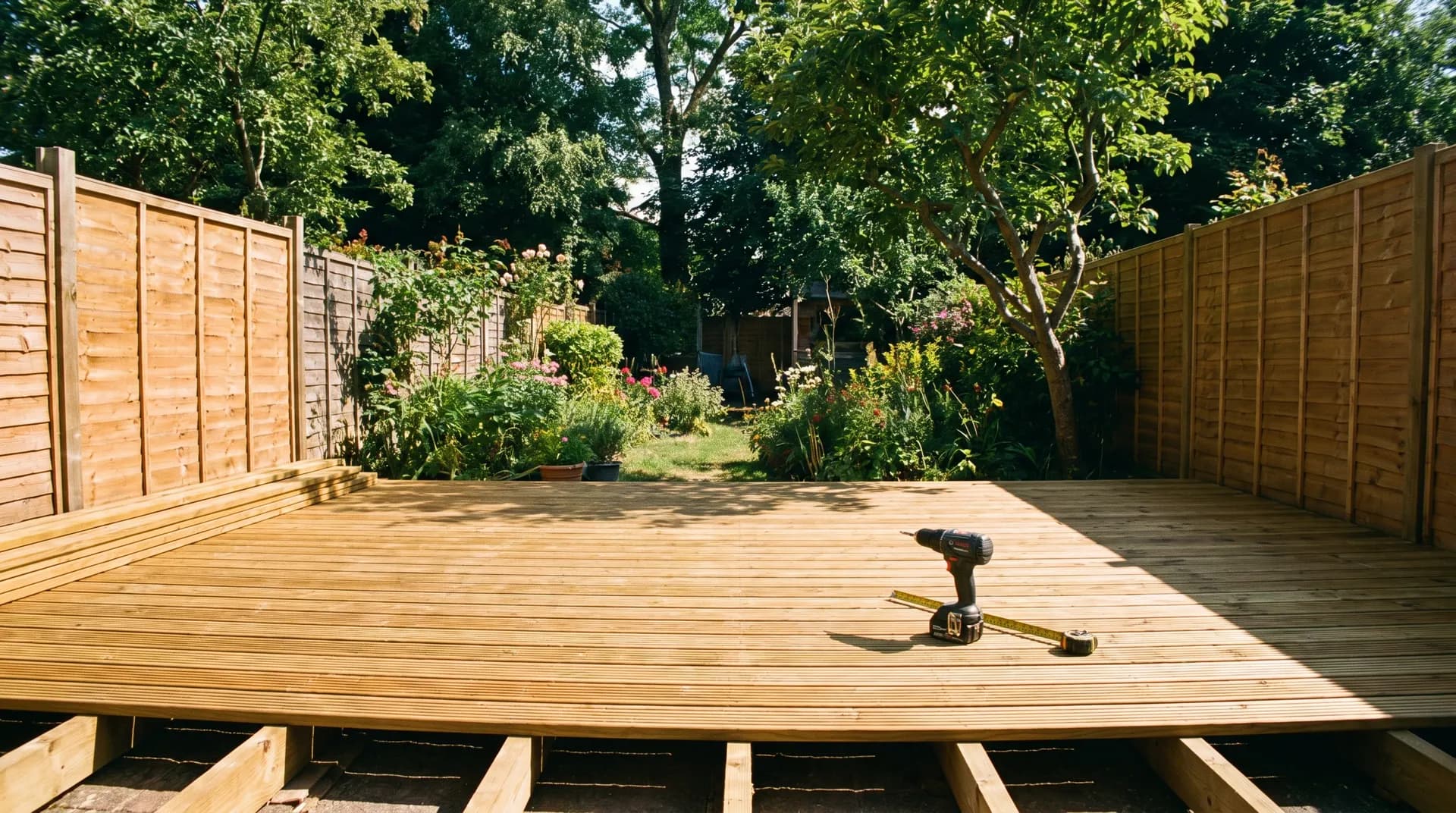 Freshly built timber deck in a sunny UK back garden showing pressure-treated deck boards laid on joists with a drill on top