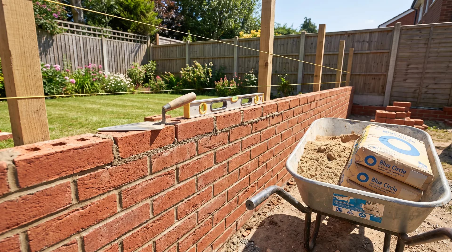 Half-built single-skin brick garden wall on a sunny UK building site with spirit level and brick trowel on top course and wheelbarrow of sand beside