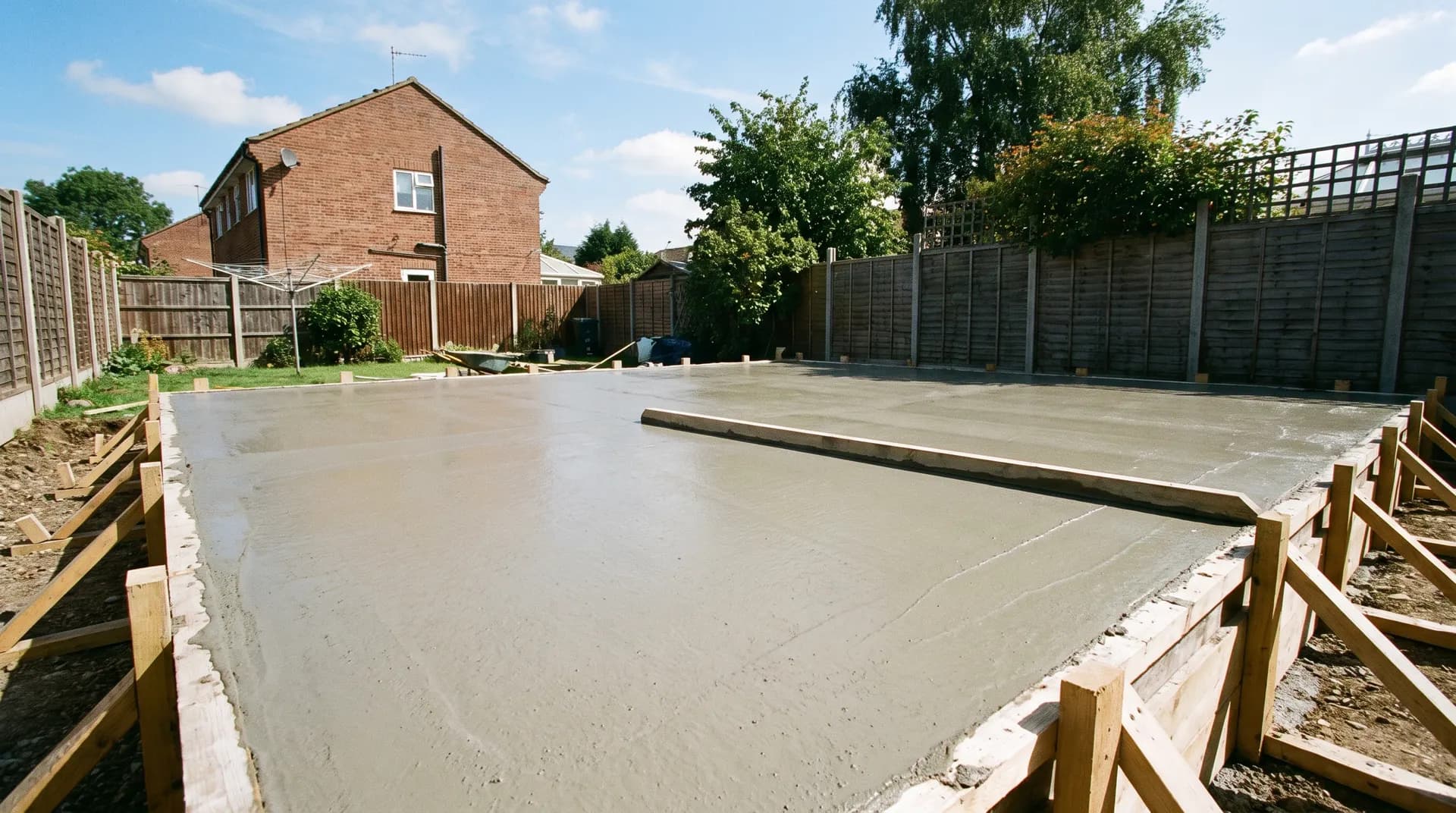 Freshly poured concrete base with timber formwork in a UK back garden, the surface smoothed and ready to cure