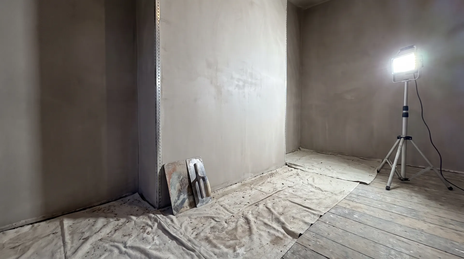 Freshly skimmed interior wall with smooth grey plaster finish and hawk and trowel leaning against it, dust sheets on the floor and bright work light