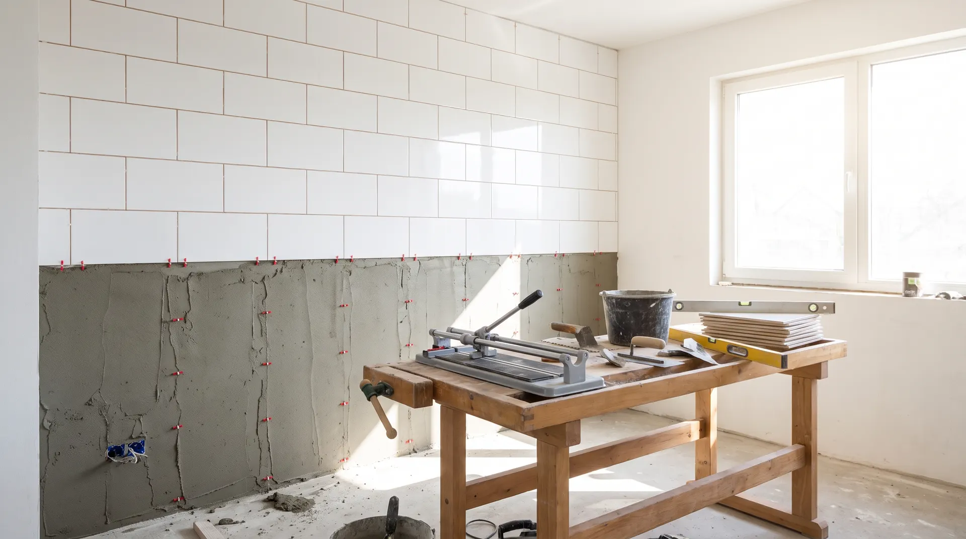 Half-tiled bathroom wall showing wet tile adhesive on the lower half and finished ceramic tiles on the upper half with spacers between