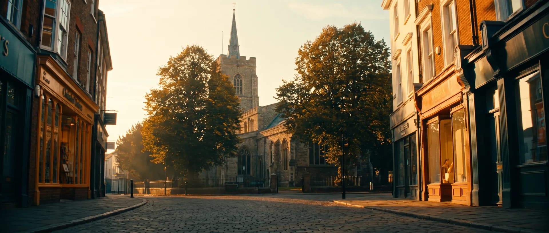 Chelmsford High Street at golden hour, near Debden, Essex