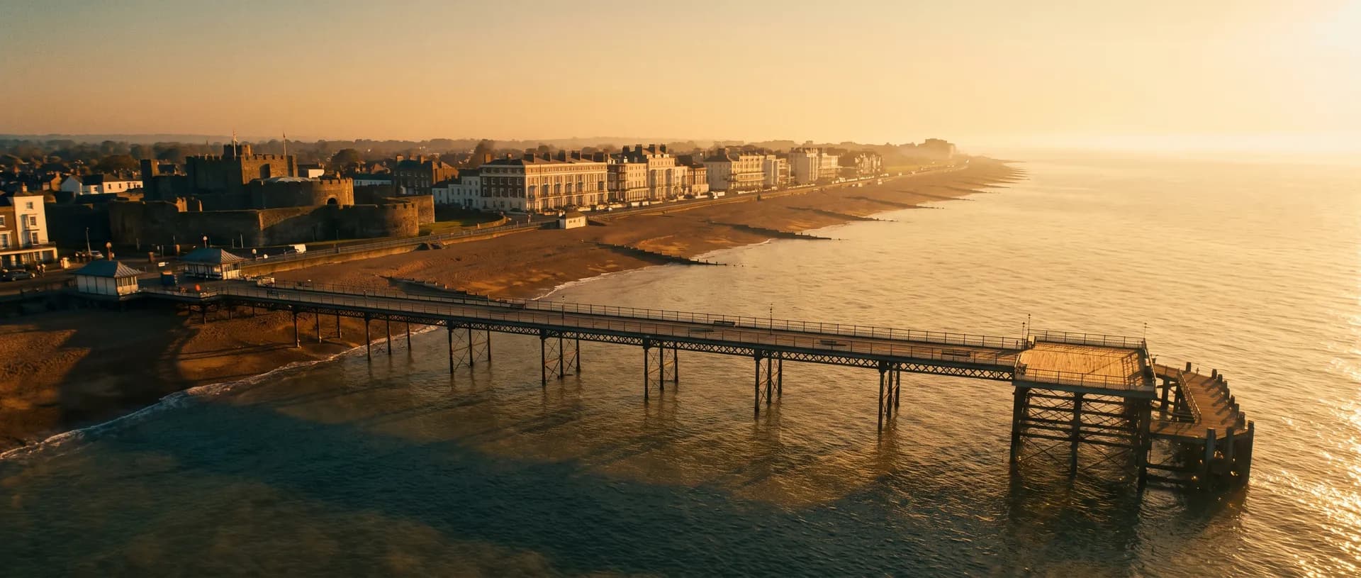 Deal pier and seafront at golden hour, near Deal, Kent