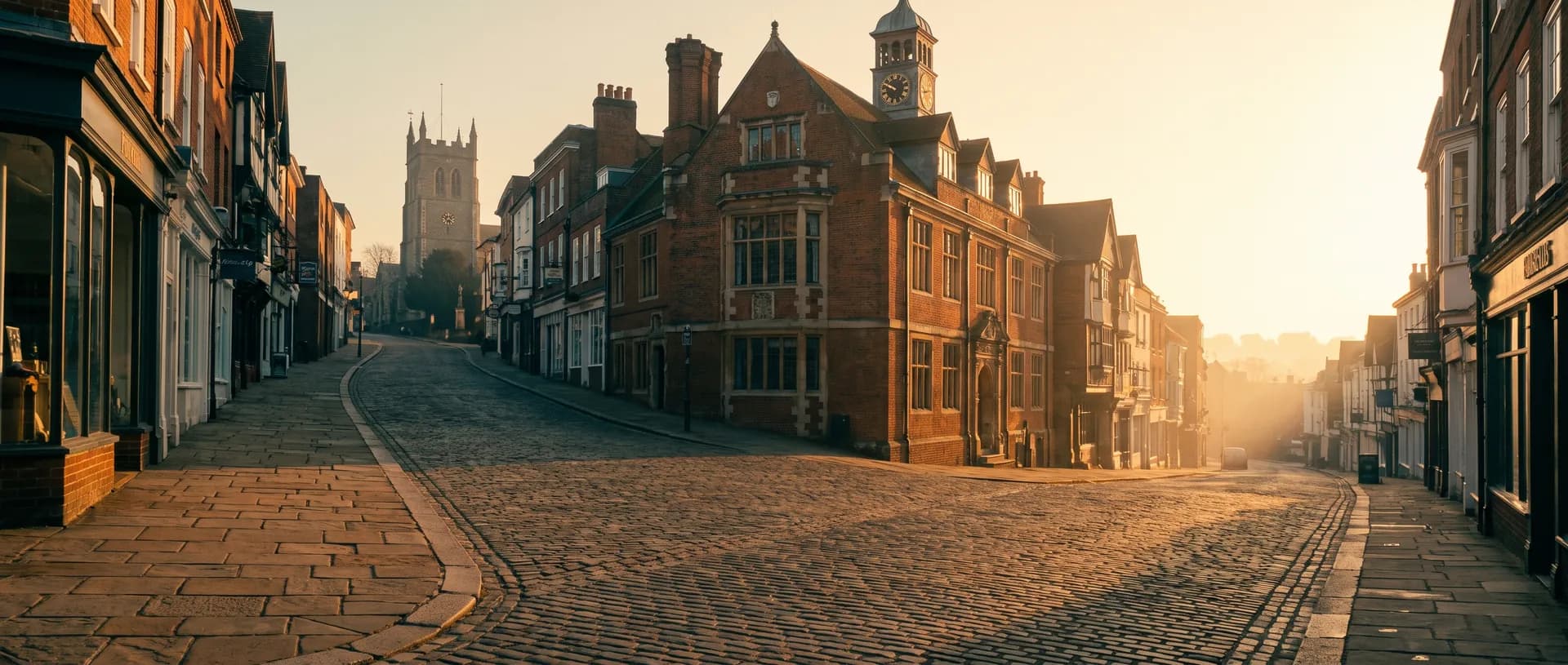 Guildford High Street at golden hour with the Guildhall tower, near Guildford, Surrey