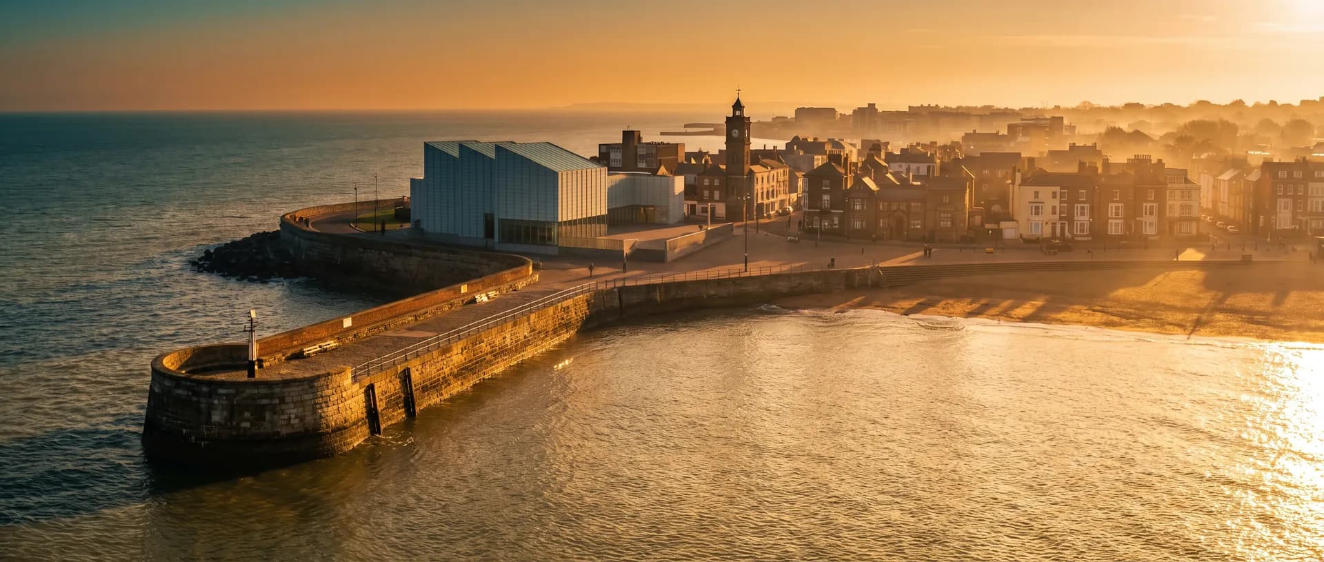 Margate seafront and harbour arm at golden hour, near Westgate-on-Sea, Kent