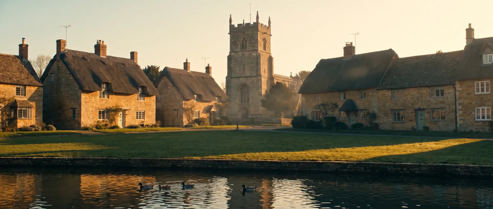 Oxfordshire village green at golden hour, near Benson, Oxfordshire