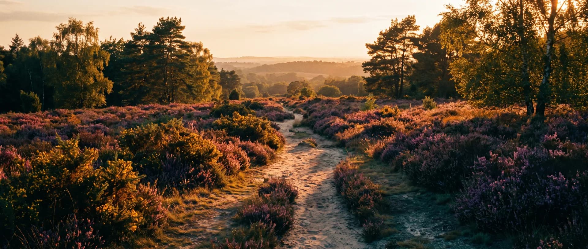 Surrey heathland at golden hour, near Woking, Surrey