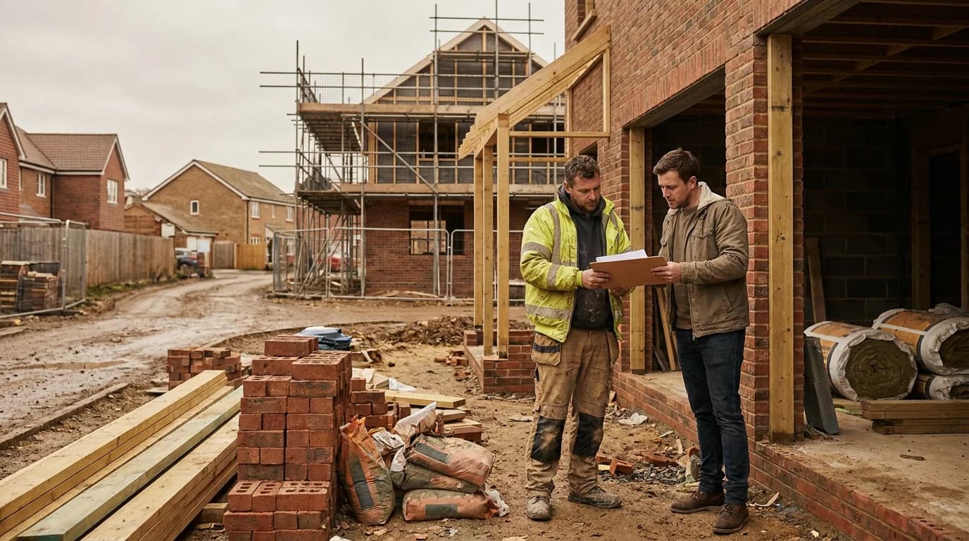 A builder showing a homeowner insurance documents and trade credentials on a clipboard