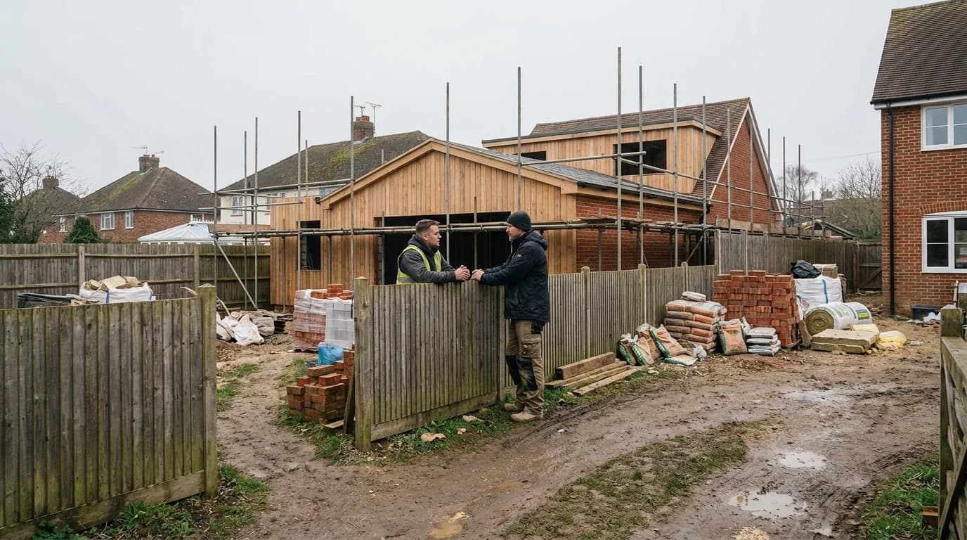 Two neighbours talking over a garden fence near a finished extension