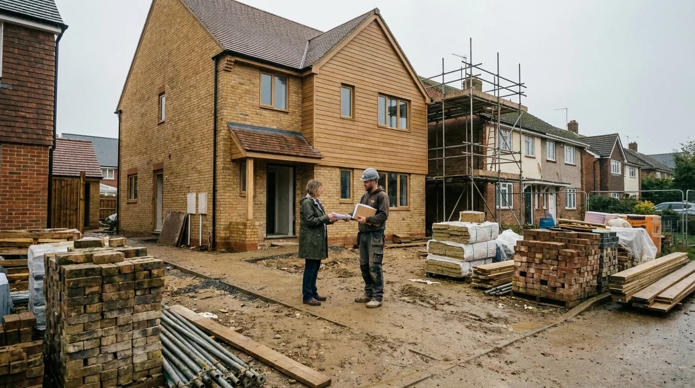 A builder handing warranty documents to a homeowner at project completion