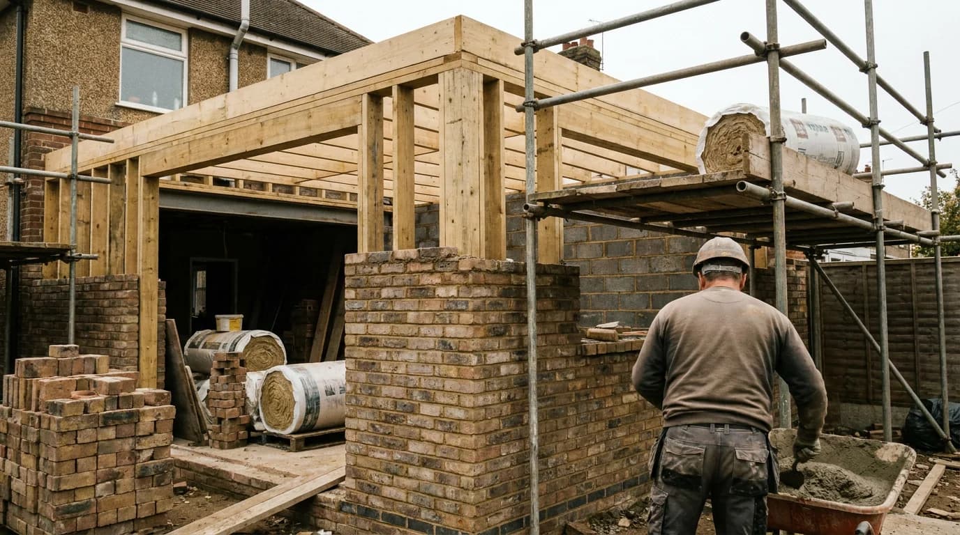 A modern rear extension under construction, showing timber frame and brickwork