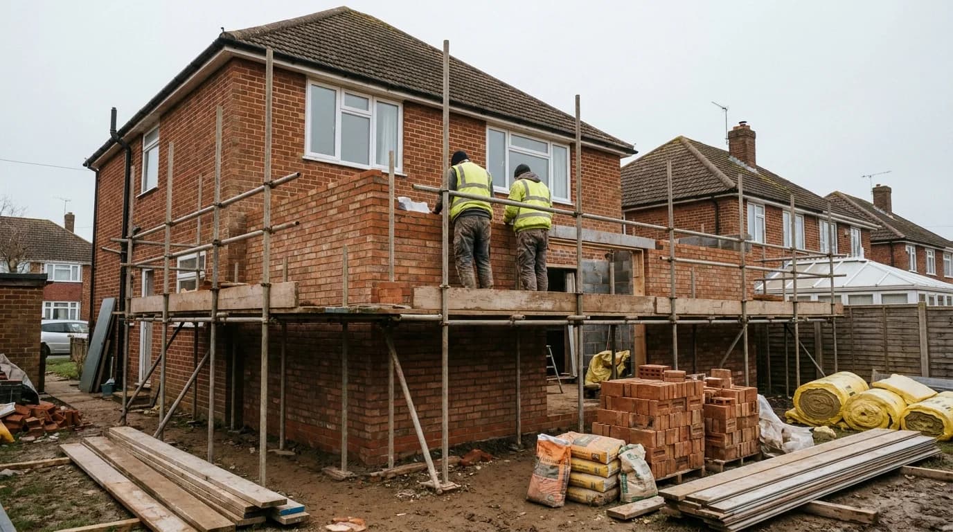 A home extension under construction with bricklayers and scaffolding