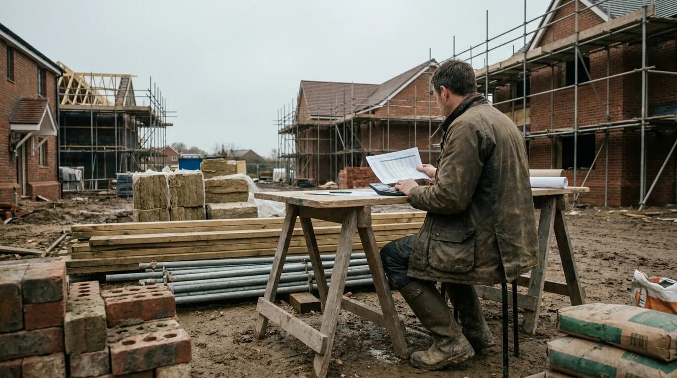 A homeowner reviewing a building budget spreadsheet with a calculator