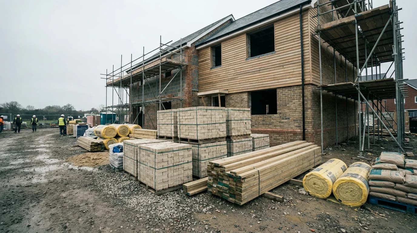 Quality building materials stacked on a tidy site including insulation and timber